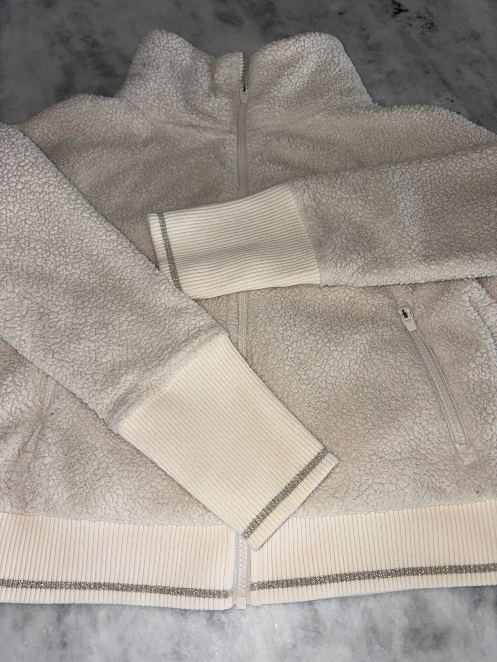 Athleta Ivory Sherpa Zip Jacket with Metallic Trim